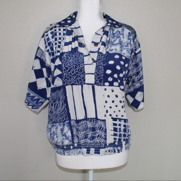 Peter Popovitch Vintage Blue Multi Pattern Design Short Sleeve Top - Medium - Picture 2 of 8
